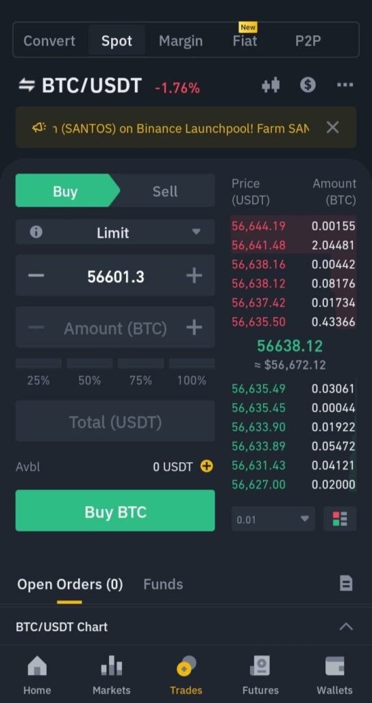 binance interface trading