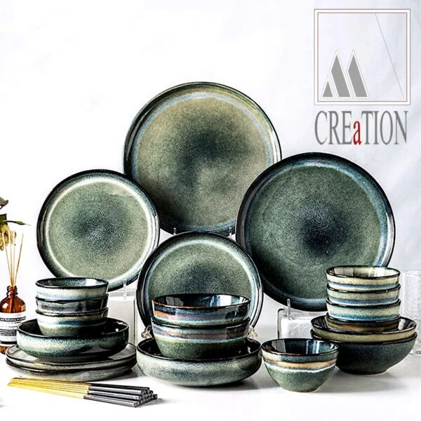 Indulge in sophistication with the Hues of Azure Dinnerware Set. Made in the M'Creations workshop in Nabeul, each piece is a stunning expression of traditional Tunisian handiwork. This complete dinnerware set includes a sauce bowl, ceramic glass, soup bowl, and dish plate, all expertly crafted in a luxurious high-premium sober quality. The design features a stunning sandblasted ceramic grey blue with intricate dark and light shades, adding depth and dimension to your table setting.